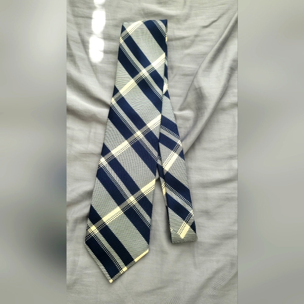 Men's Faconnable Nova Check Silk Tie Blue Cream NWT